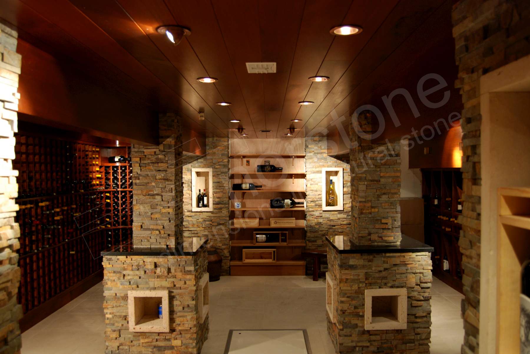 Norstone Ochre Stacked Stone Rock Panels on the columns and walls of an underground Wine Cellar in California
